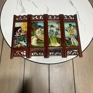 Oriental Wooden Panel with Painted Scenes